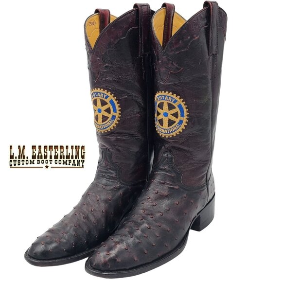 LM Easterling Rotary International Exotic Ostrich Burgundy Cowboy Boots Customs - Picture 1 of 16